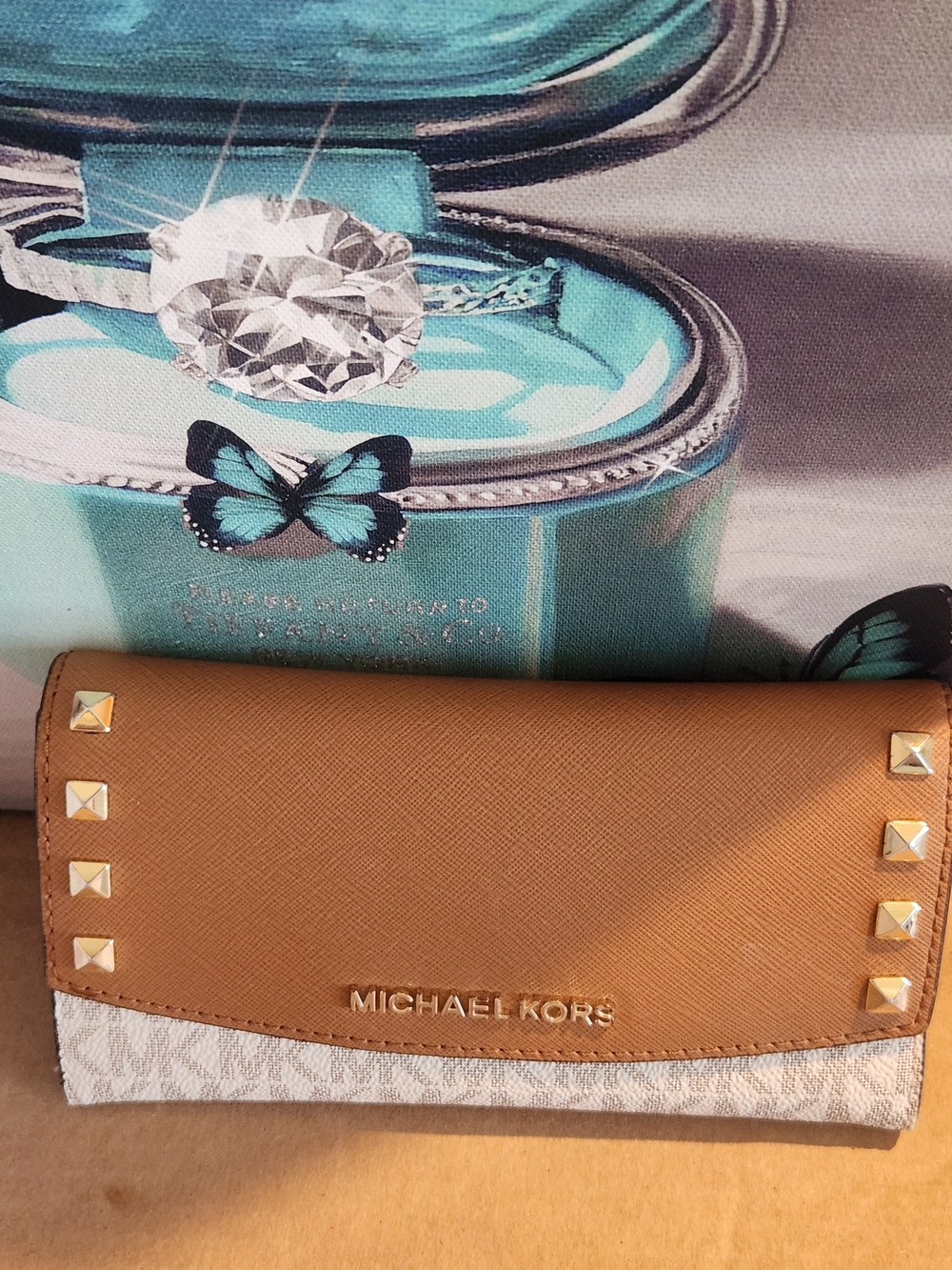 Michael Kors Tan and Off-White Studded Continental Wallet Like New